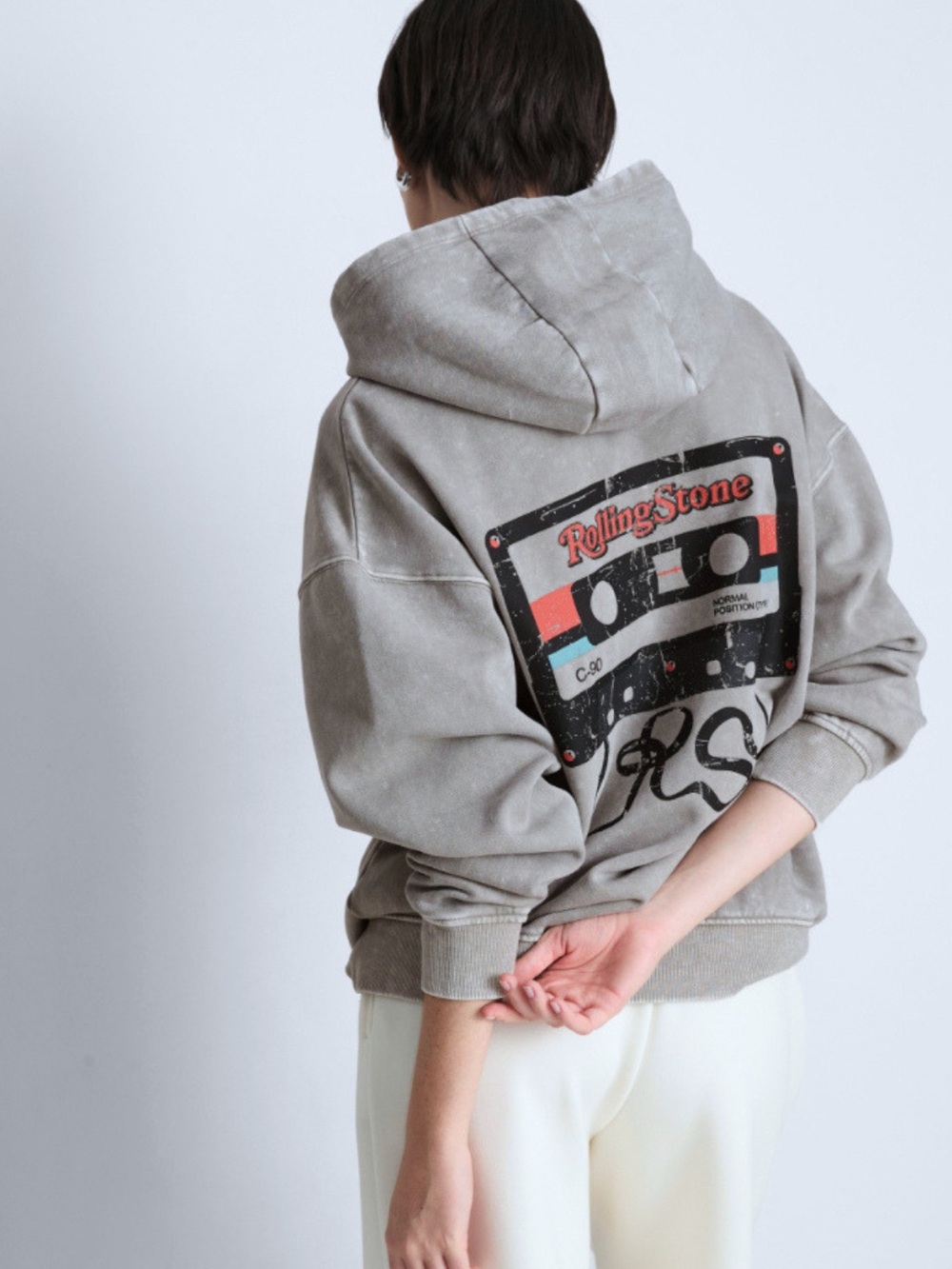Rolling Stone Cassette Graphic Hoodie Gray Oversized Sweatshirt Grunge Rock 90s